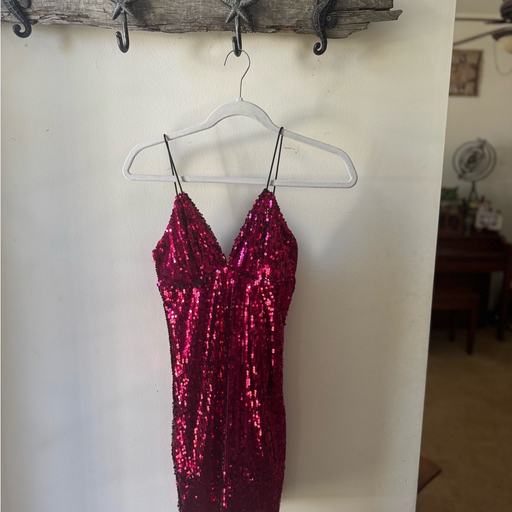 Pink Sequin Spaghetti Strap Dress